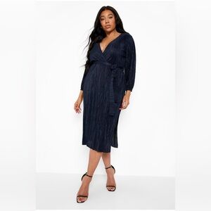 Plisse Tie Belt Wrap Midi Dress NWT